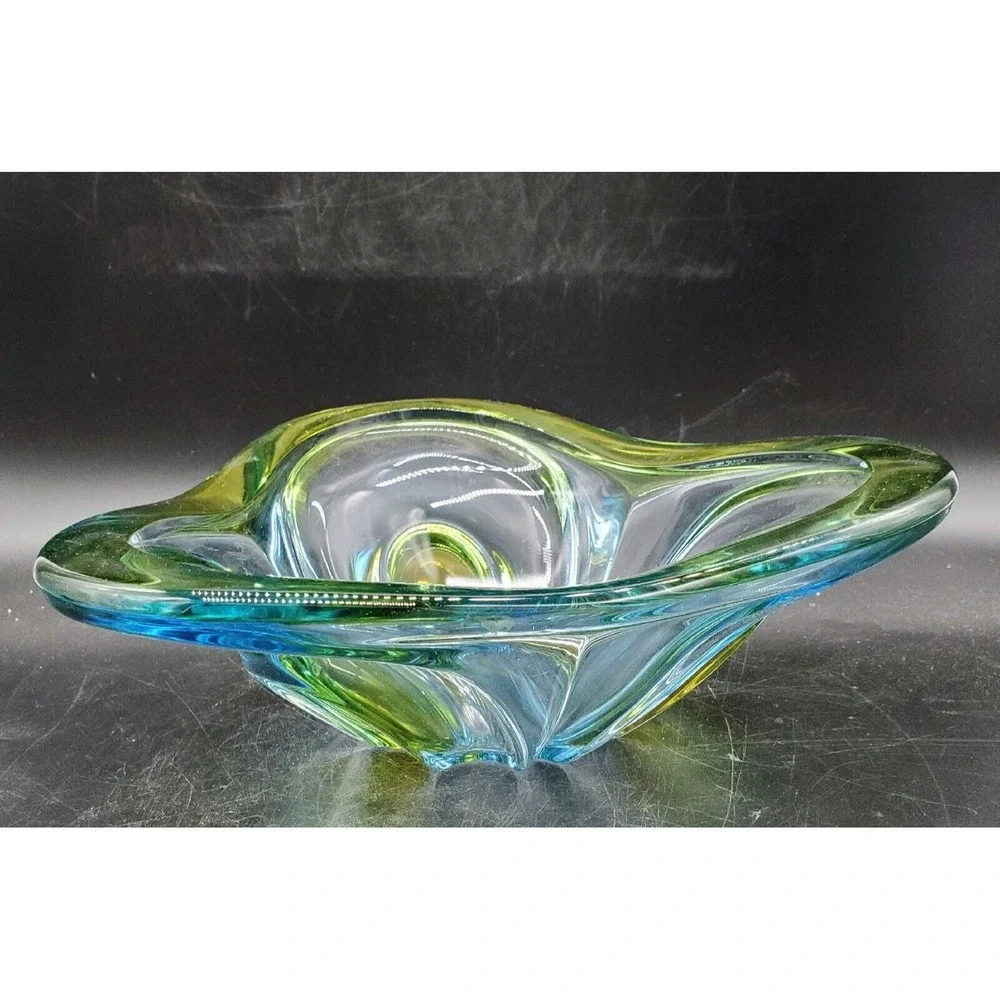 Vintage Walther Art Glass Decorative Bowl Triangle Green Blue 9